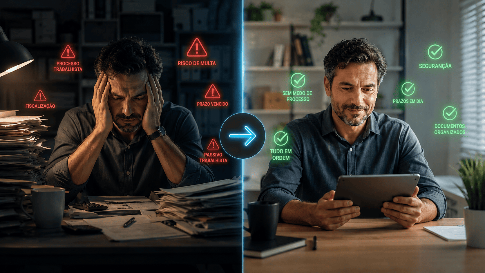 Antes e depois: dono do negócio estressado com processos trabalhistas versus tranquilo consultando o Manual Trabalhista do Dono